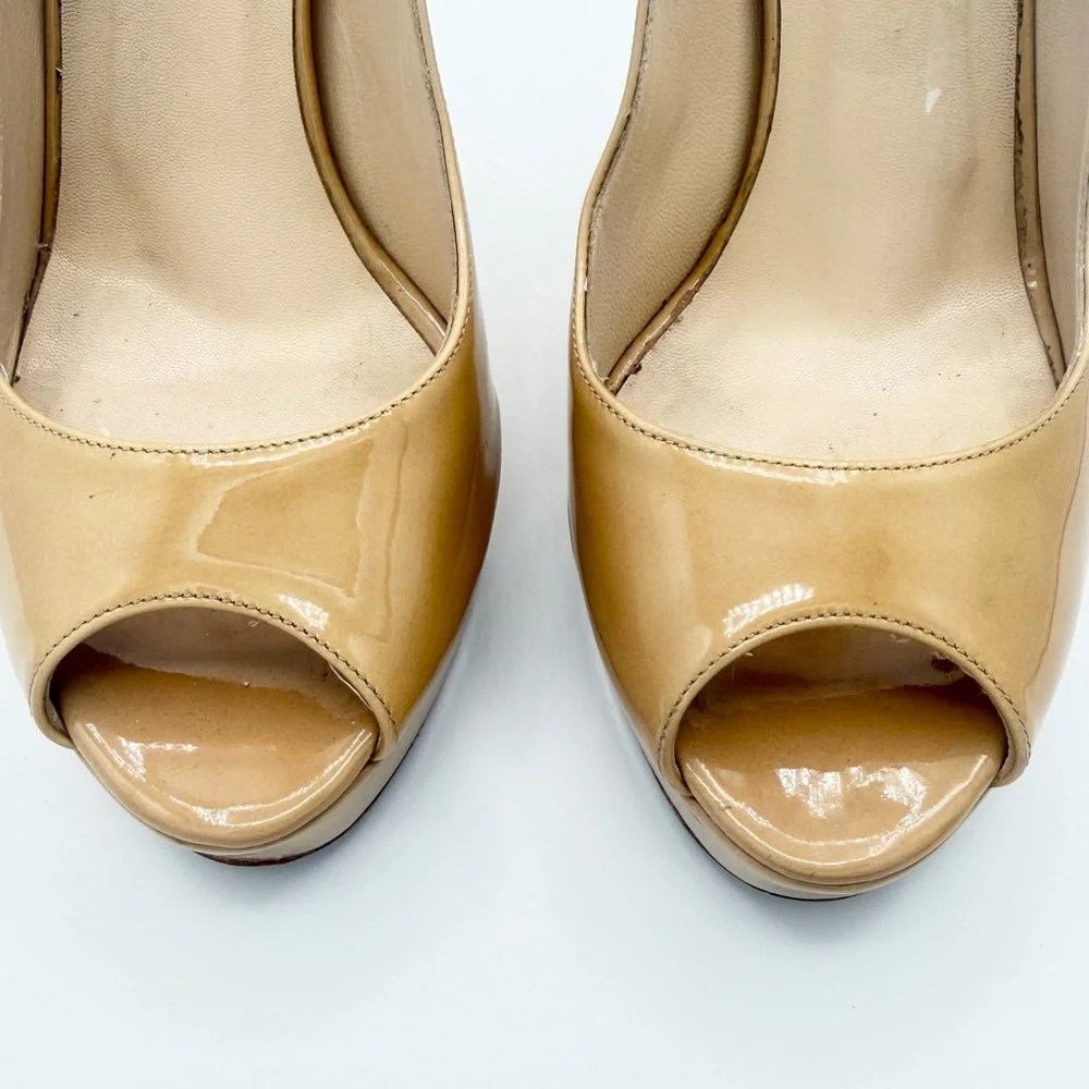Jimmy‎ Choo Luna Peep-Toe Platform Pumps Nude Patent Leather Size 8.5 (38.5)